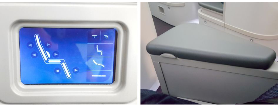 Detalhe do controle de posição do assento que é touchscreen e descanso de braço –  retrátil